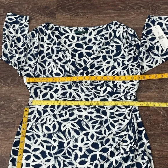 NWT Lauren Ralph Lauren White & Blue Dress | Ruched Faux Wrap V-Neck | 16 - Picture 14 of 14